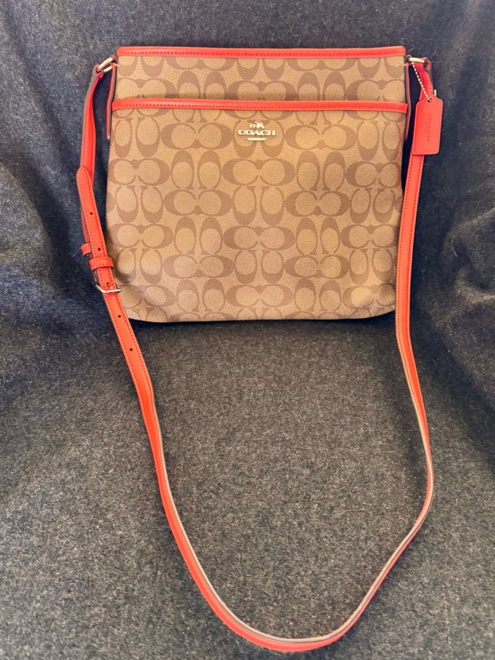 Coach Brown Signature Crossbody with Orange Trim